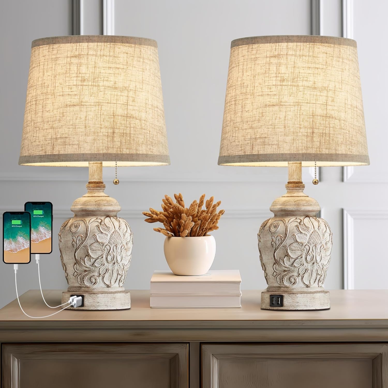 19.5" Vintage Rustic Table Lamp Set of 2 Farmhouse Table Lamps for Living Room B
