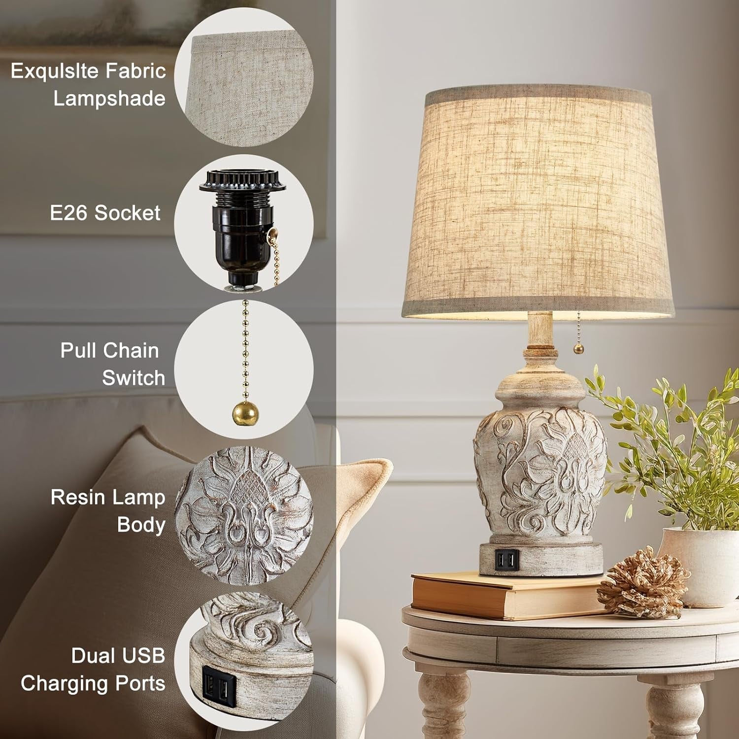 19.5" Vintage Rustic Table Lamp Set of 2 Farmhouse Table Lamps for Living Room B
