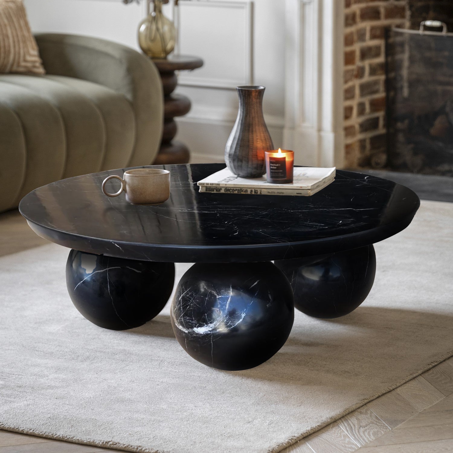 Black Marble Coffee Table with Sphere Legs