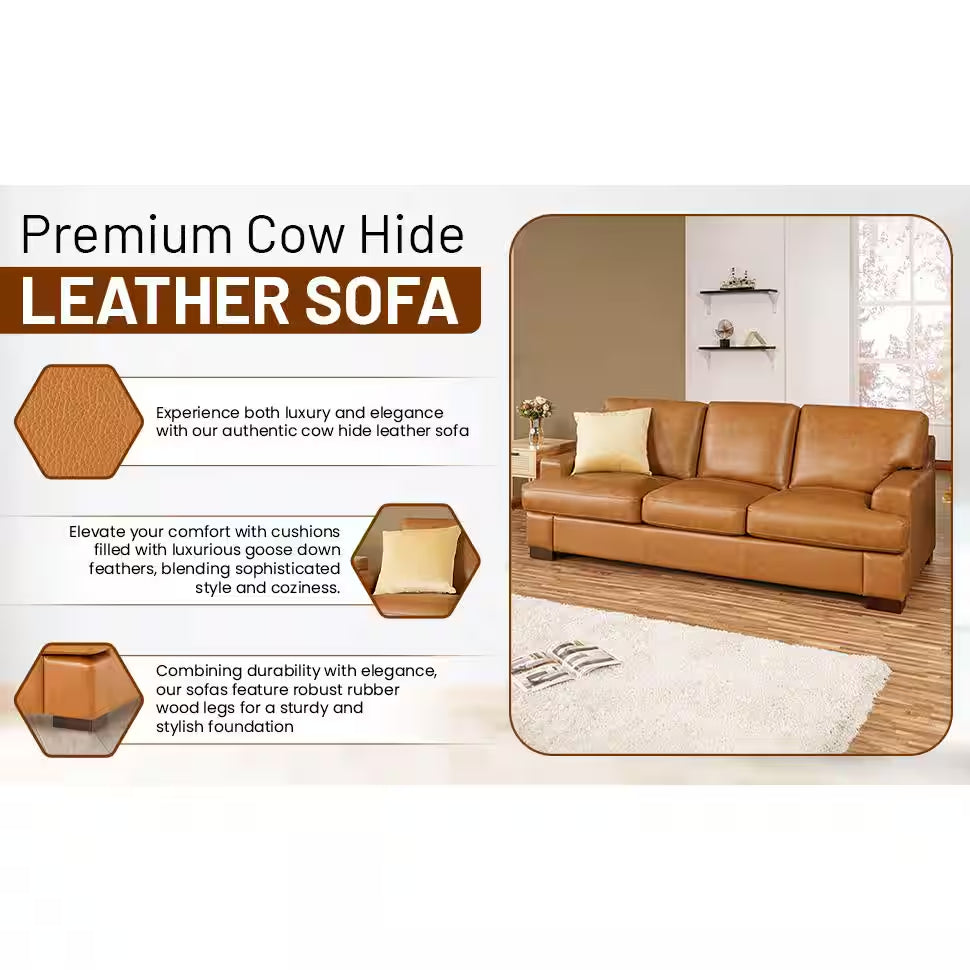 85.83 In. Wide Square Arm Genuine Leather Mid-Century Modern Rectangle Sofa In. Sofa