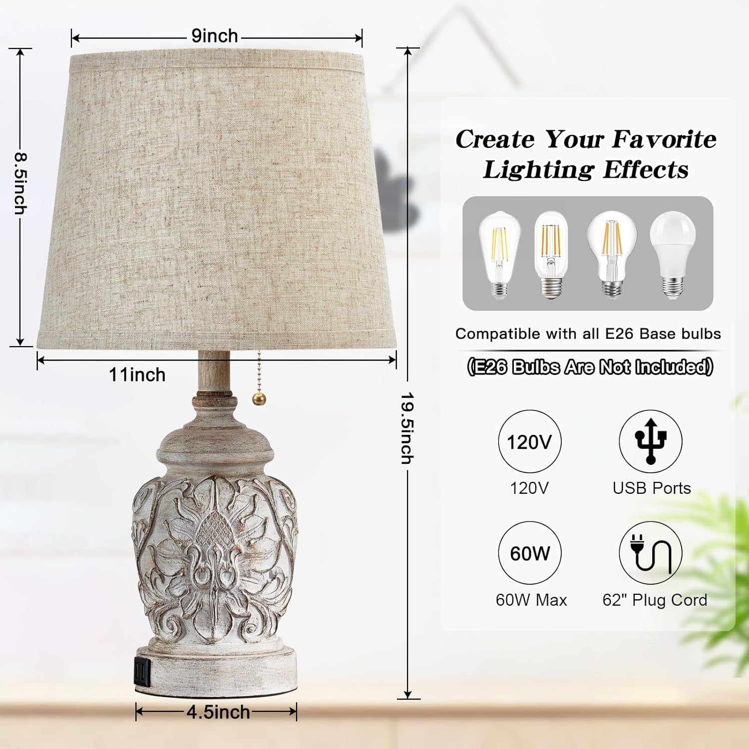19.5" Vintage Rustic Table Lamp Set of 2 Farmhouse Table Lamps for Living Room B