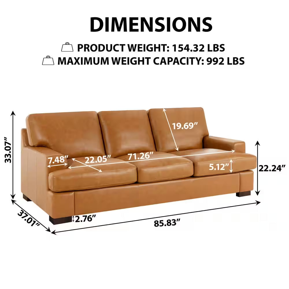 85.83 In. Wide Square Arm Genuine Leather Mid-Century Modern Rectangle Sofa In. Sofa