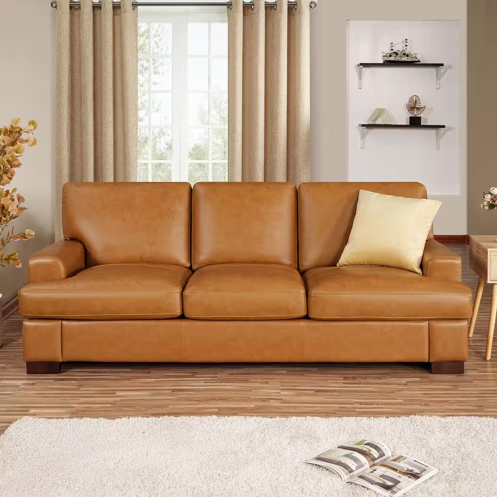 85.83 In. Wide Square Arm Genuine Leather Mid-Century Modern Rectangle Sofa In. Sofa