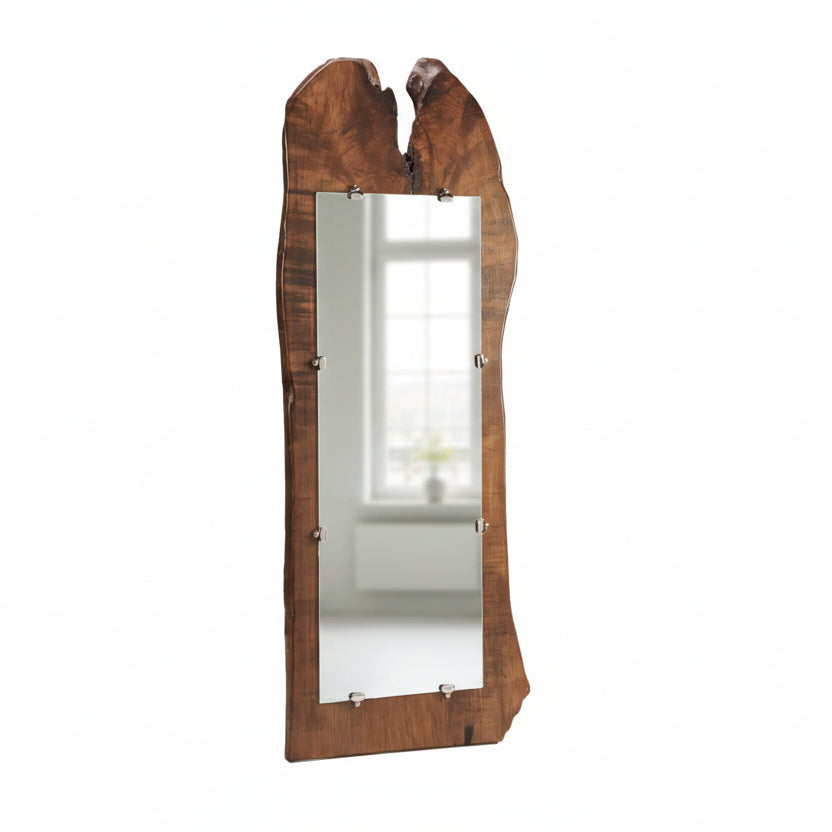 Wooden mirror with a natural finish on a white background
